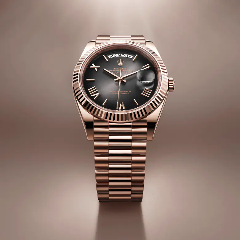 rolex Day-Date    - Il quadrante presenta 10 diamanti taglio baguette. La madreperla è per sua stessa natura ricca di mistero. Può essere rosa, bianca, nera o gialla, diversa per colore, intensità e struttura in base alla sua origine e alla parte della conchiglia da cui viene estratta. Da Rolex la madreperla non viene mai colorata artificialmente. Il know‑how e le abilità della Casa vengono piuttosto impiegate per sublimarne la bellezza naturale, conservando le sue sfumature originali. Poiché i quadranti in madreperla sono pezzi unici, non sarà mai possibile trovare un quadrante identico a un altro.